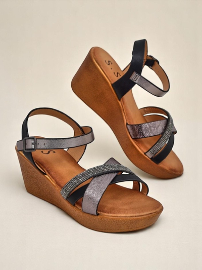 Royalfashion dámske wedge sandále s kamienkami a trblietaním Glittera