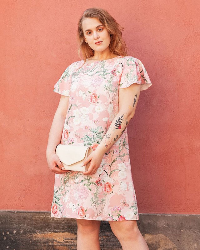 Dámske ružové kvetinové trapézové šaty - Oblečenie