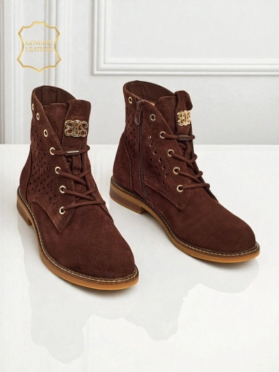 Aurelia Rjavi Semiš Gležnarji s Krznom Odprti Elegantni 2,5cm