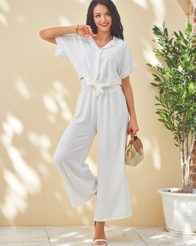 Royalfashion Dámsky set s viazanou košieľkou s krátkym rukávom a rozšírenými nohavicami so kamienkami