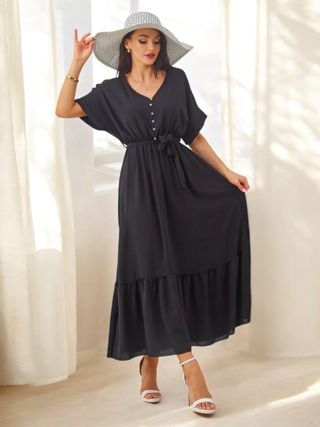 Royalfashion Dámske midi šaty s krátkymi rukávmi a dekoračnými gombíkmi