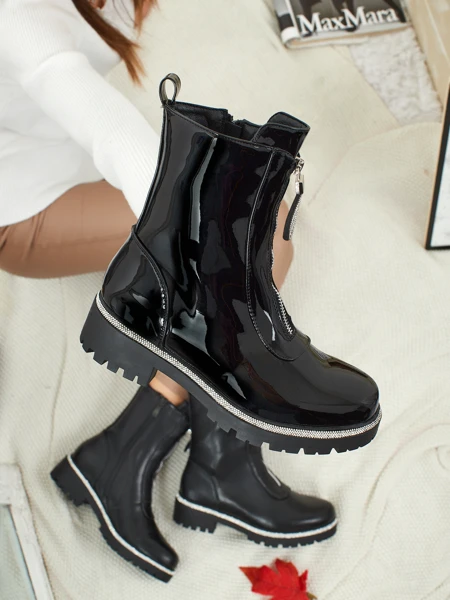 Lakirani eko skórzane botki damskie z cyrkoniami Nuvina