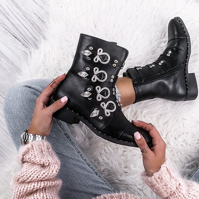 Czarne workery z czterema sprzączkami Bell- Obuwie