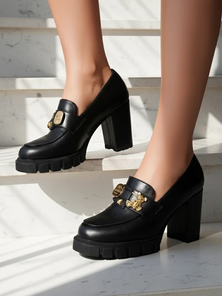 Ženski sandali Atene s stebričasto peto iz eko usnja v črni barvi