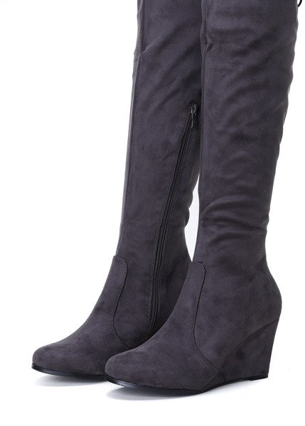 Szare kozaki na koturnie Aileen - Obuwie