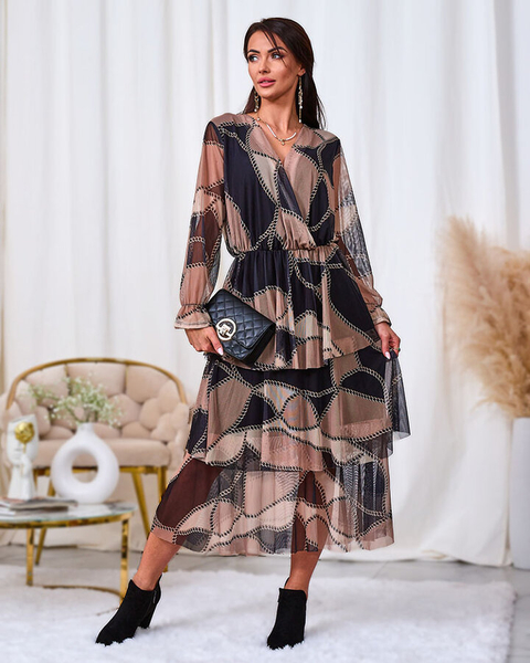 Royalfashion Čierno-svetlohnedé sieťované midi šaty s potlačou