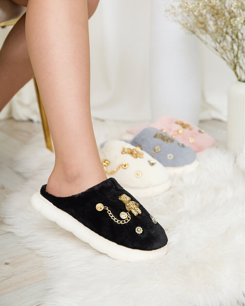 Royalfashion Čierne dámske kožušinové papuče s ornamentmi Erserra