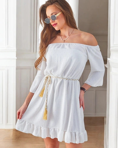 Royalfashion Dámske mini šaty s off-the-shoulder strihom, dlhými rukávmi a kamienkami
