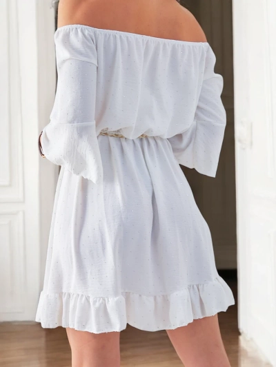 Royalfashion Dámske mini šaty s off-the-shoulder strihom, dlhými rukávmi a kamienkami