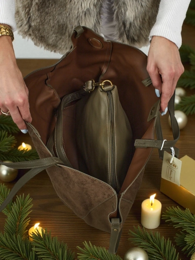 Ženska shopper torba iz eko semiša z manjšo eko usnjeno v kompletu 2v1 Elinea