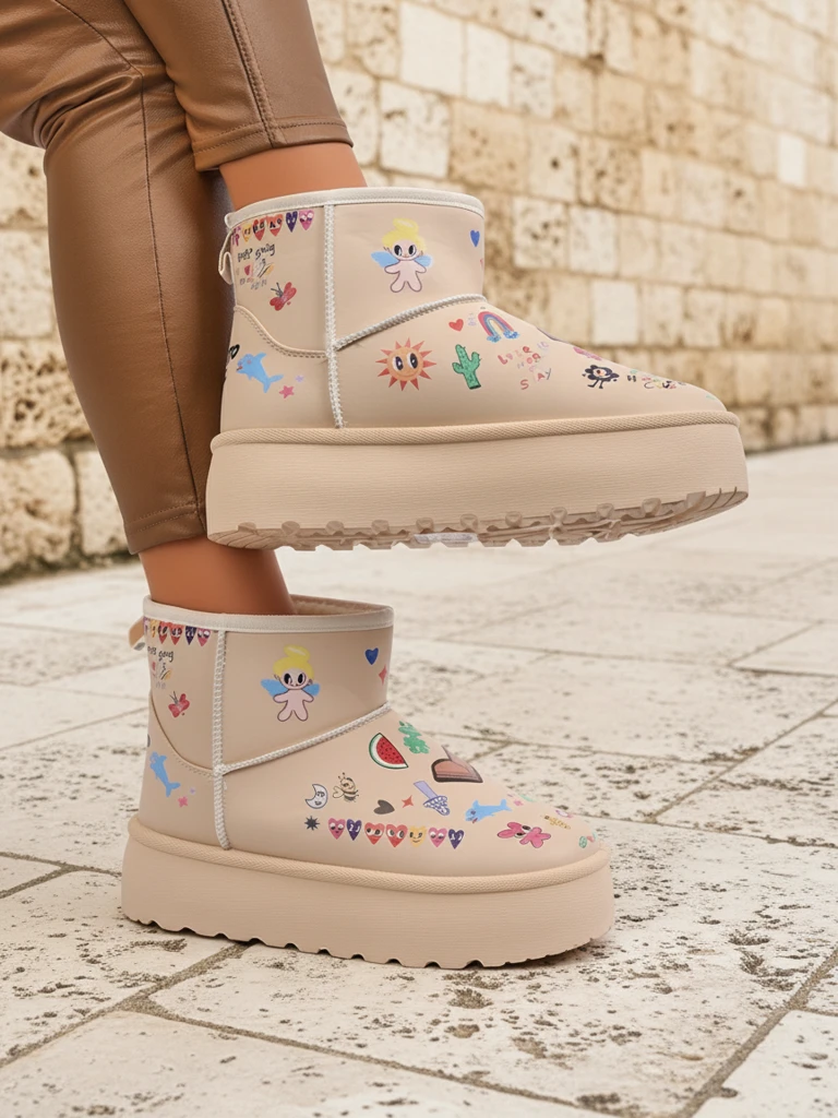 Topli Čevlji Callisto Angelico z Otroškimi Risbami na Platformi Bež