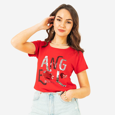 Červené dámske tričko s flitrovým nápisom - Clothing