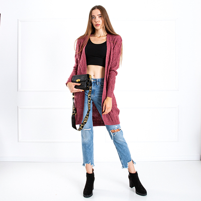 Fuchsiový dámsky viazaný sveter s vreckami - Oblečenie