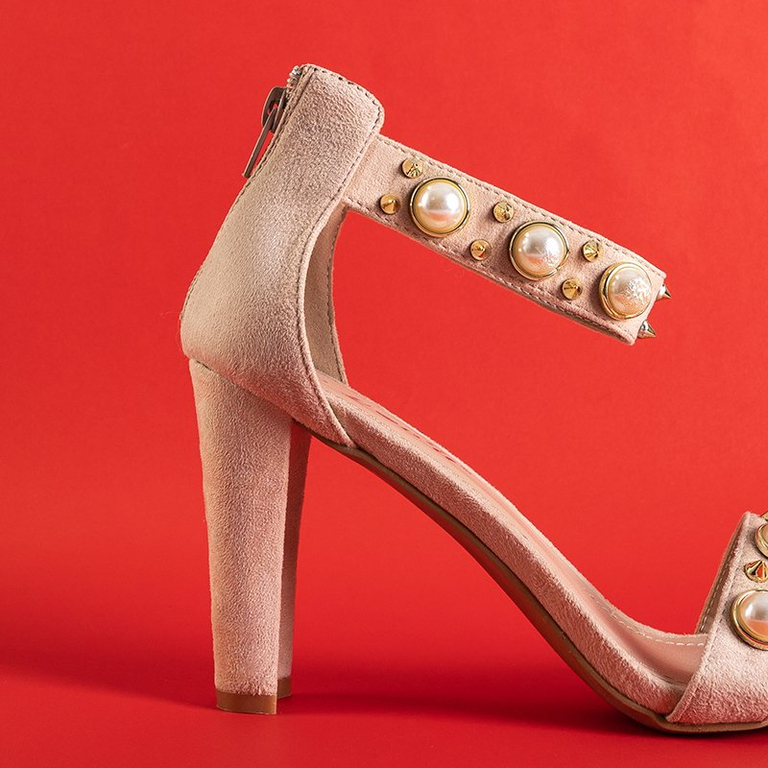 Béžové dámske sandále na stĺpiku s perlami Luten - Obuv