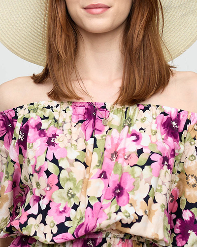 Tmavoružové šaty po kolená s viacfarebným kvetinovým vzorom - Oblečenie