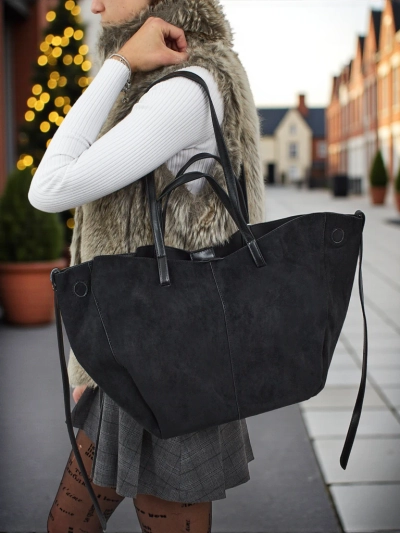 Ženska shopper torba iz eko semiša z manjšo eko usnjeno v kompletu 2v1 Elinea