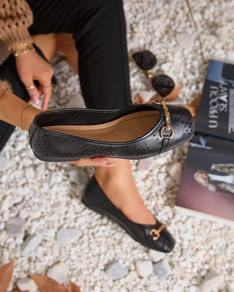 Čierne dámske ažurové baleríny so zlatým ornamentom Serilla- Obuv