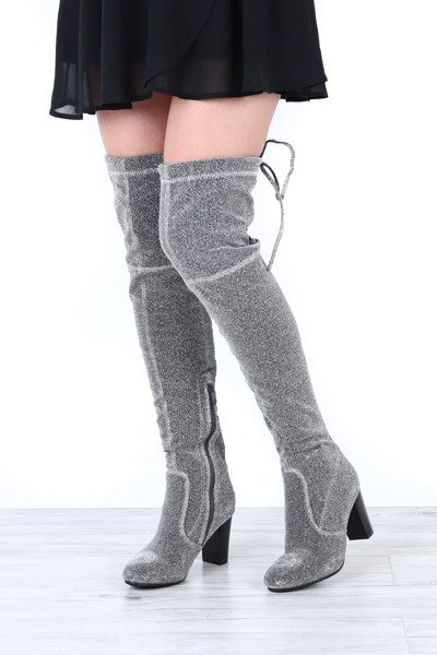 Srebrne, długie kozaki na słupku Hannah - Obuwie