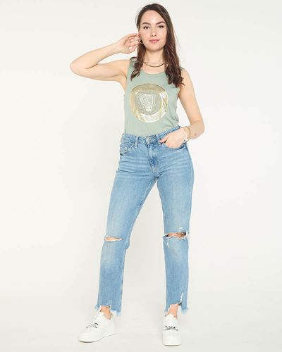 Tmavo zelená blúzka na plece s potlačou a kubickými zirkónmi - Oblečenie