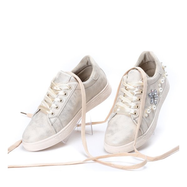 Beżowe tenisówki z perełkami i cyrkoniami Flora - Obuwie