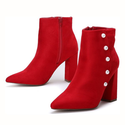 Czerwone botki z perełkami na wysokim słupku Maya - Obuwie