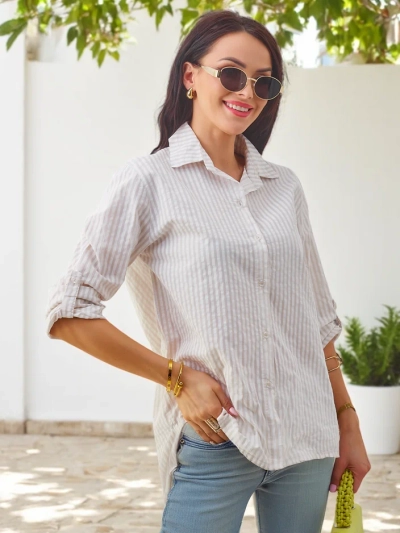 Royalfashion Dámska bavlnená pásikavá košeľa s viazaním na spodku