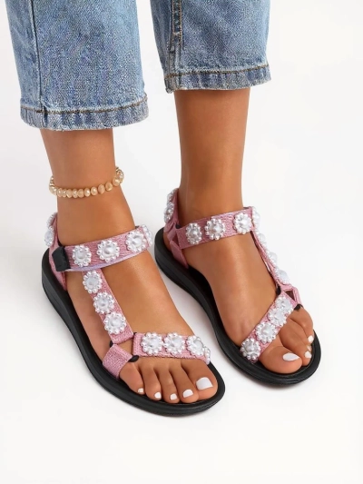 Sandali Letitia Royalfashion roza s platformo - biserni džeti klasični
