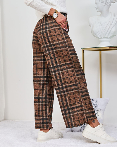 Royalfashion Dámske široké kockované nohavice Camel