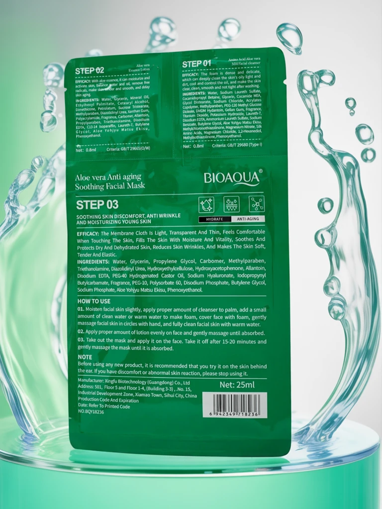 Maska 3V1 - 1 čiščenje obraza, 2 serum, 3 vlažilna in pomirjujoča maska z aloe vero