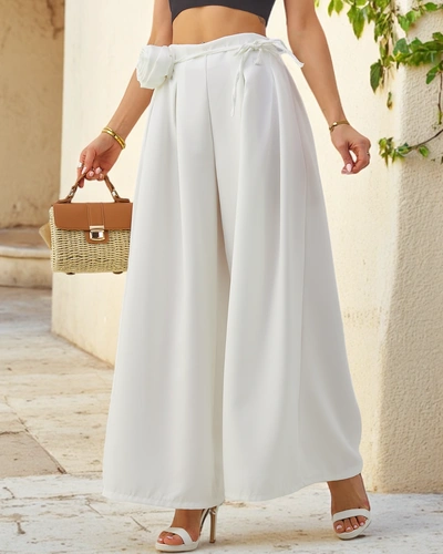 Royalfashion Elegantné široké nohavice pre ženy s dekoratívnym kvetom pri opasku