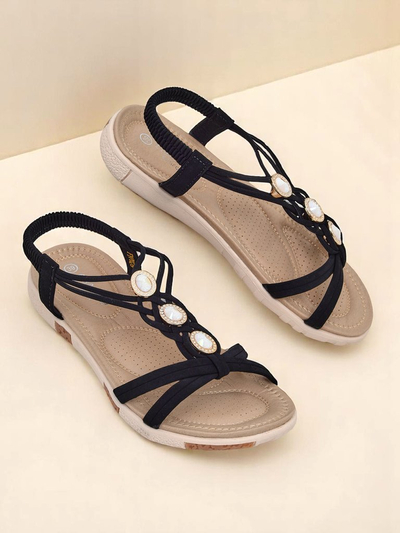 Ženski sandali Royalfashion Callista – črni espadrile s cirkoni za poletje