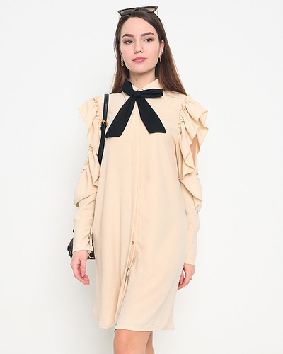 Béžové košeľové šaty s volánmi a mašľou - Oblečenie