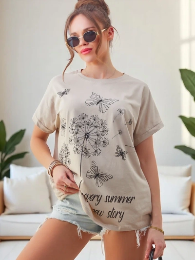 Royalfashion Dámske bavlnené tričko s púpavami a motýľom