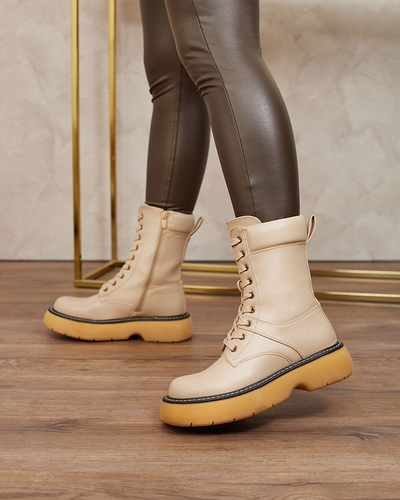 Royalfashion Béžové dámske šnurovacie čižmy na pevnej podrážke Diret