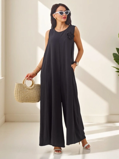 Eleonora Nero – črn kombinezon iz viskoze na naramnice, široke hlačnice