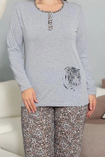 Royalfashion Šedé dámske pajama s 2 kusmi v leopardiom vzore PLUS SIZE