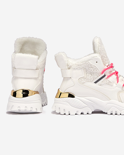 Biele dámske športové tenisky s kožušinou a neónovo ružovými šnúrkami Sagglo- Obuv