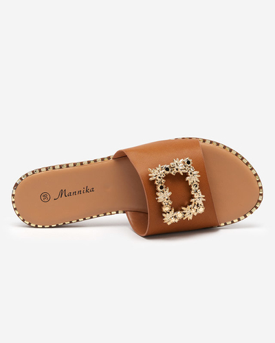 OUTLET Svetlohnedé dámske elegantné papuče so zlatým zdobením Meriso - Footwear
