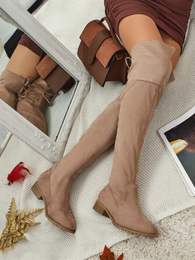 Ženski škornji čez koleno iz eko semiša Denvoria