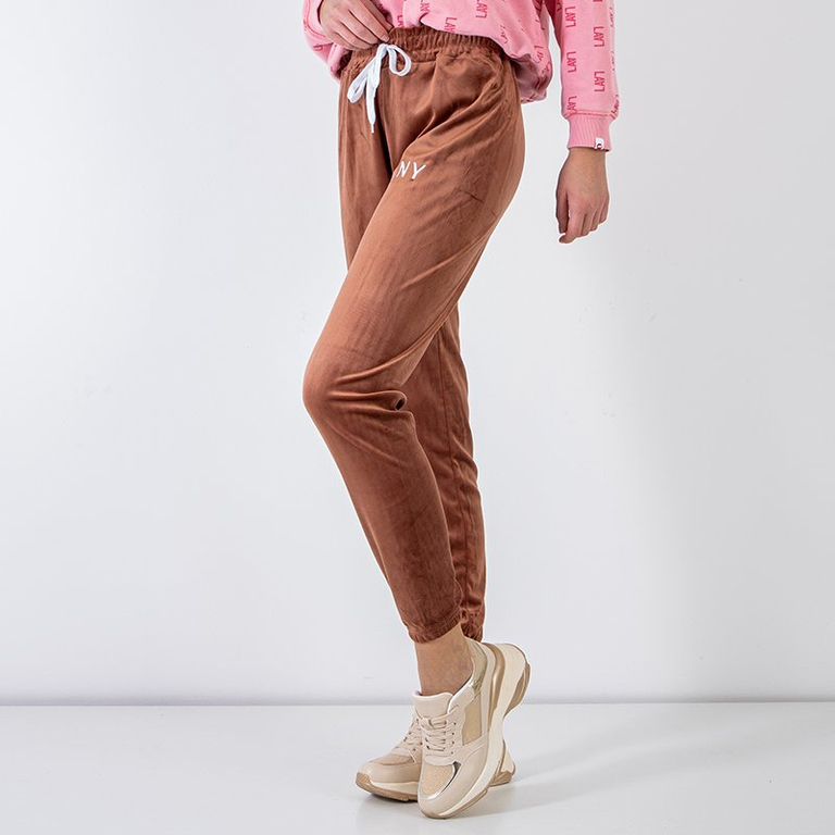 Dámske hnedé tepláky s vyšívaným nápisom - Oblečenie