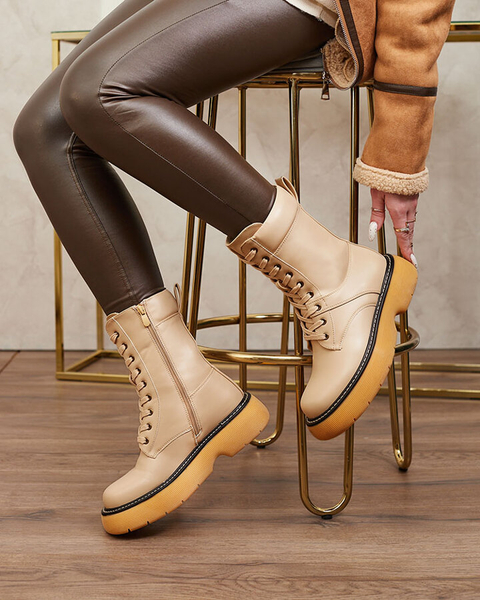 Royalfashion Béžové dámske šnurovacie čižmy na pevnej podrážke Diret