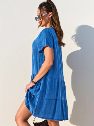 Royalfashion Dámske šaty tunikového strihu s zipovým výstrihom, denim typ