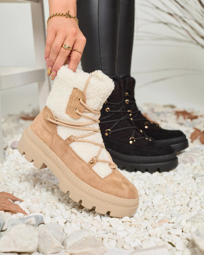 Royalfashion Béžové dámske trapperské čižmy s ovčou kožou Getatsa