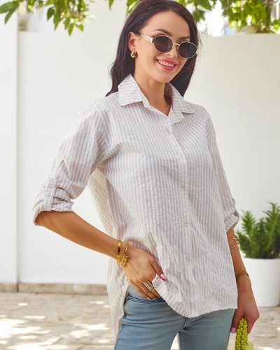Royalfashion Dámska bavlnená pásikavá košeľa s viazaním na spodku