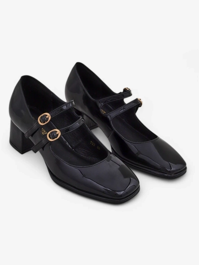 Royalfashion Lakované dámske podpätky na blokovom opätku so strapcami Weyy