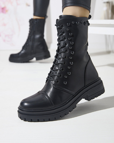 OUTLET Čierne dámske šnurovacie čižmy s perlami Gunny- Obuv