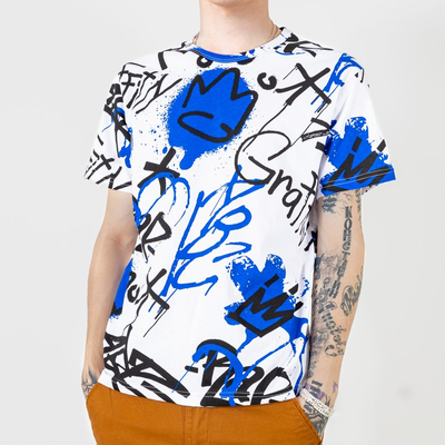 Biele a modré bavlnené pánske tričko s nápismi - Oblečenie