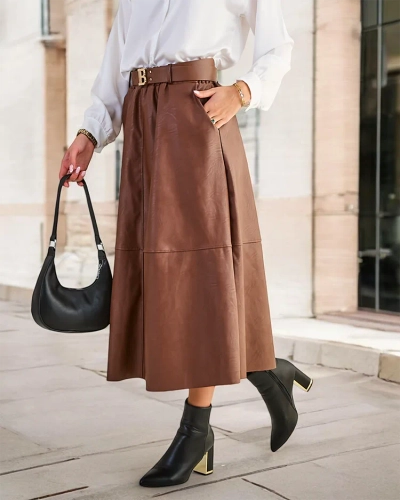 Royalfashion Dámska midi sukňa z ekokože