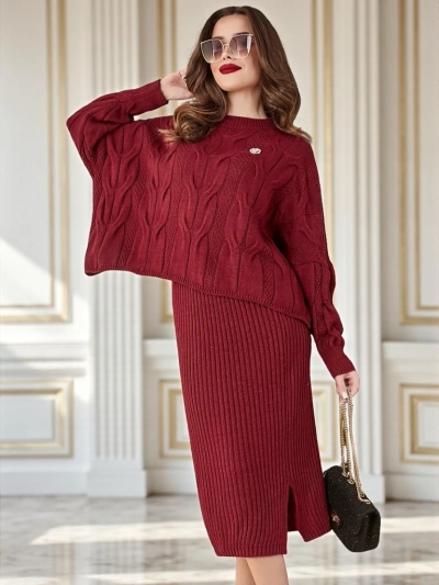 Royalfashion Akrýlový upletený ženský set so svetrom a sukňou Teplý a plyšový