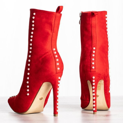 Červené čižmy na vyššom opätku s perlami Sinini - Obuv